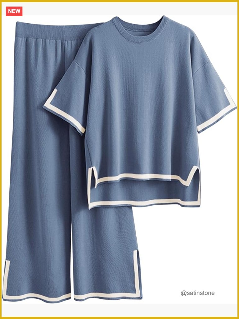 2 Piece Lounge Set Short Sleeve Knit Pullover & Wide Leg Pants Set